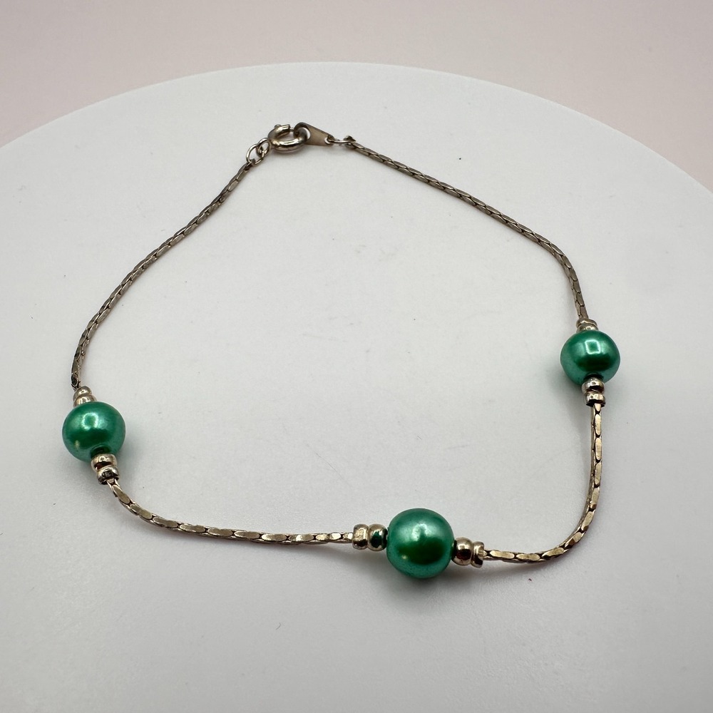 Vintage Silver Tone Dainty Chain Bracelet with Green Faux Pearl Y2K